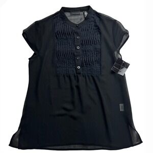Apostrophe Womens Black Pintuck Tunic Chiffon Blouse Cap Sleeve Sheer Size Small